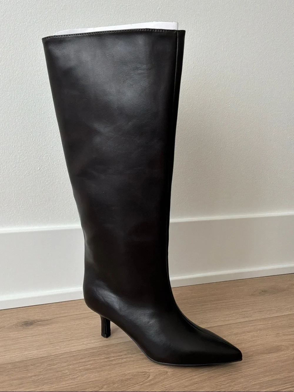 Dark Brown Wide Calf Faux Leather Pointed-Toe Kitten Heel Boots